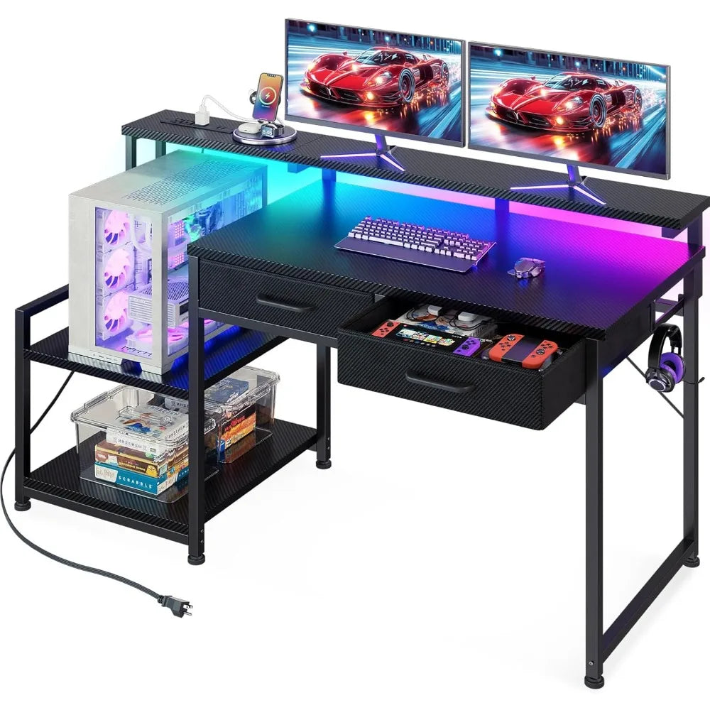 Gaming Desk with Led Lights & Power Outlet, 48 Inch Computer Desk with Drawers, Office Desk with Large Display Storage Shelves