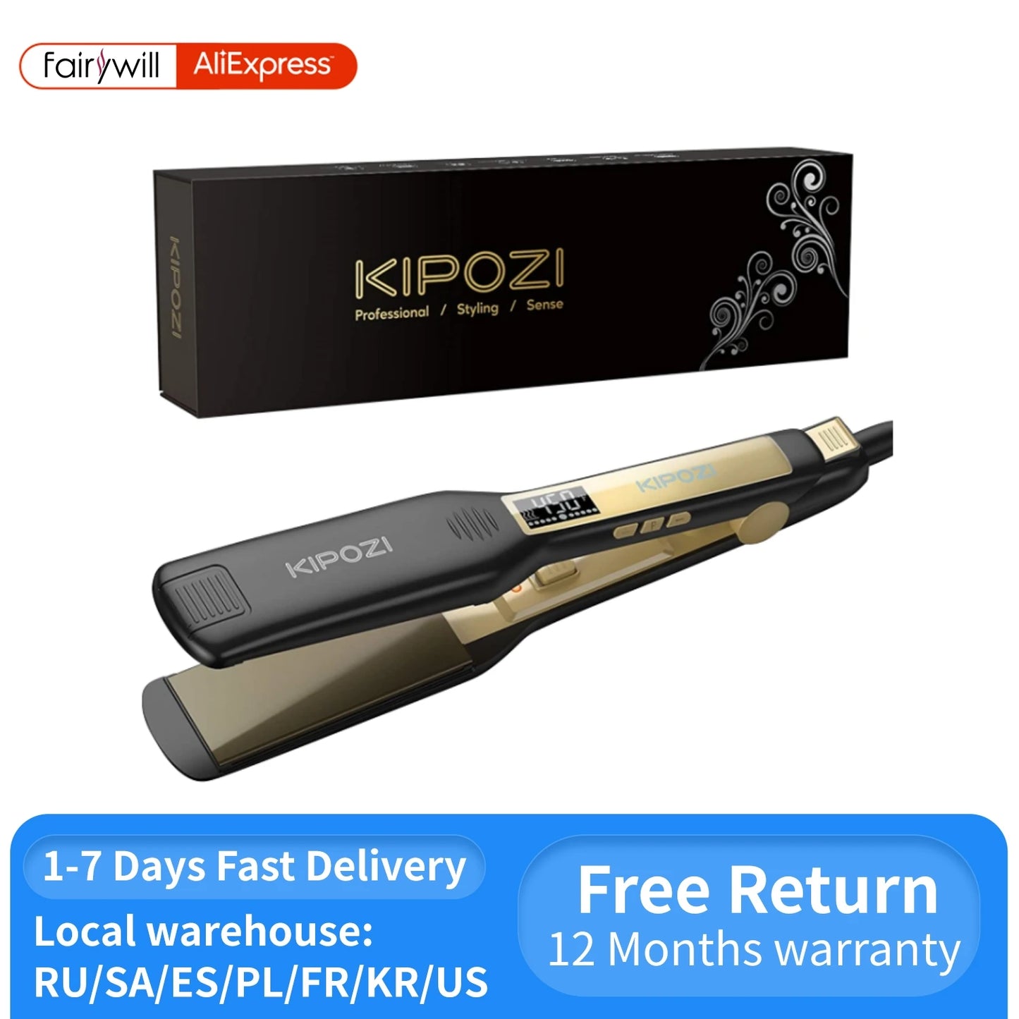 KIPOZI Professional Hair Straightener Titanium Flat Iron with Digital LCD Display Dual Voltage Instant Heating Curling Iron