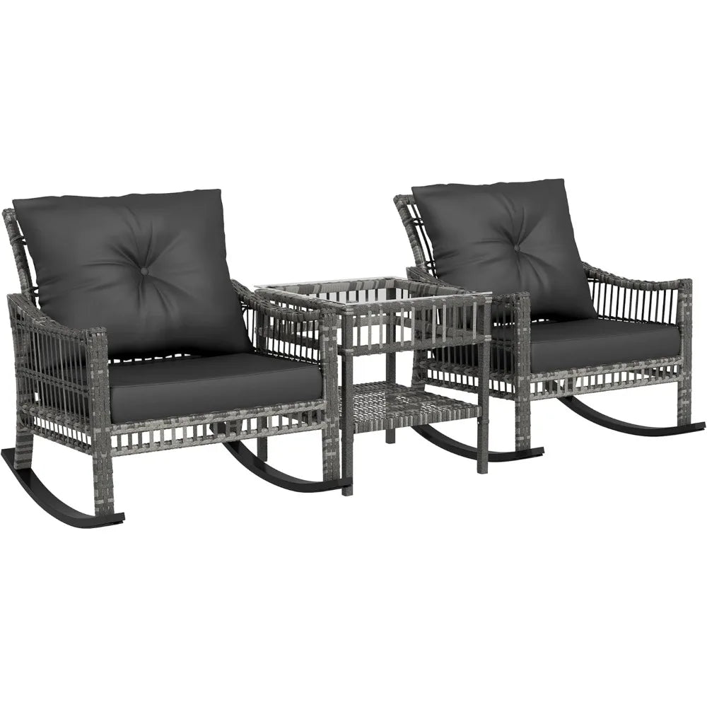 Wicker Outdoor Rocking Chair Set, 3 Piece Patio Furniture Set with Padded Cushions and Storage Coffee Table, 2-Seater PE Rattan