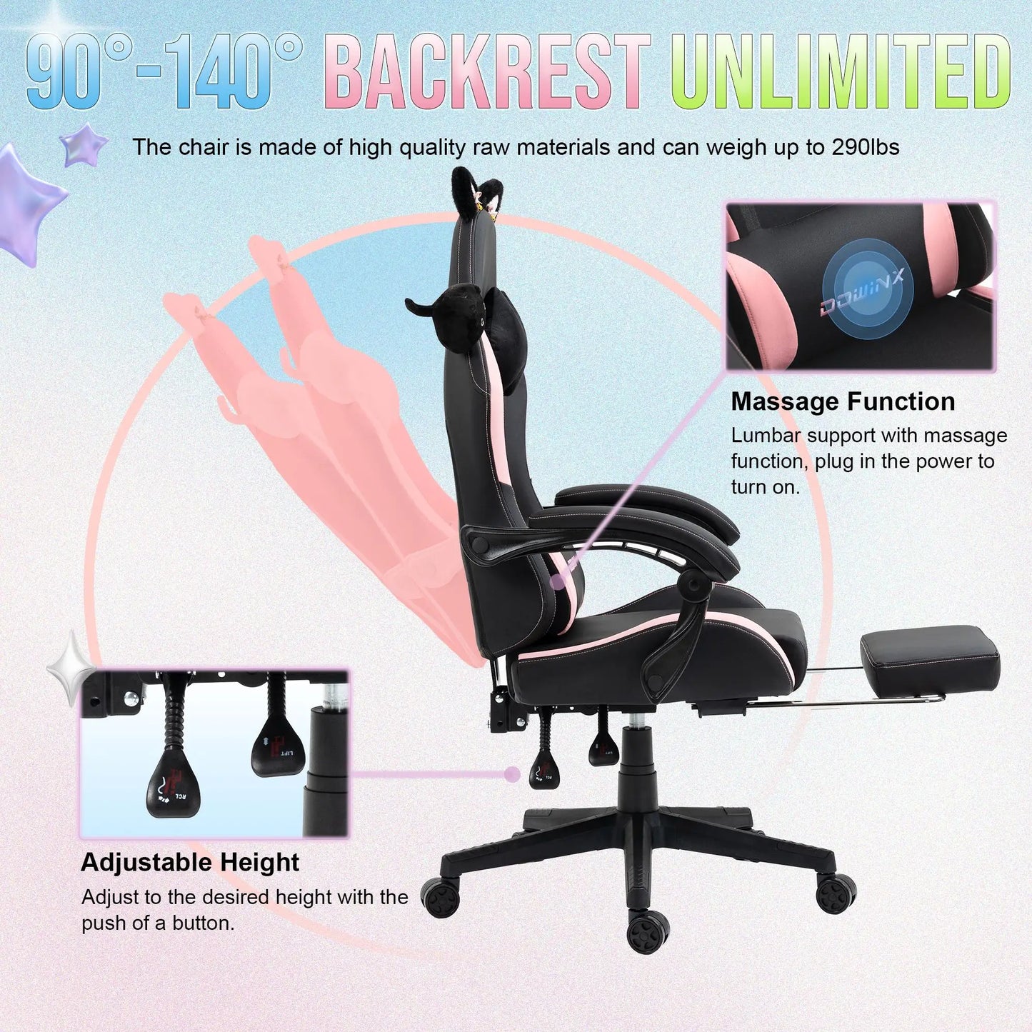 Dowinx Gaming Chair Cute with Cat Ears and Massage Lumbar Support, Ergonomic Computer Chair for Girl with Footrest and Headrest