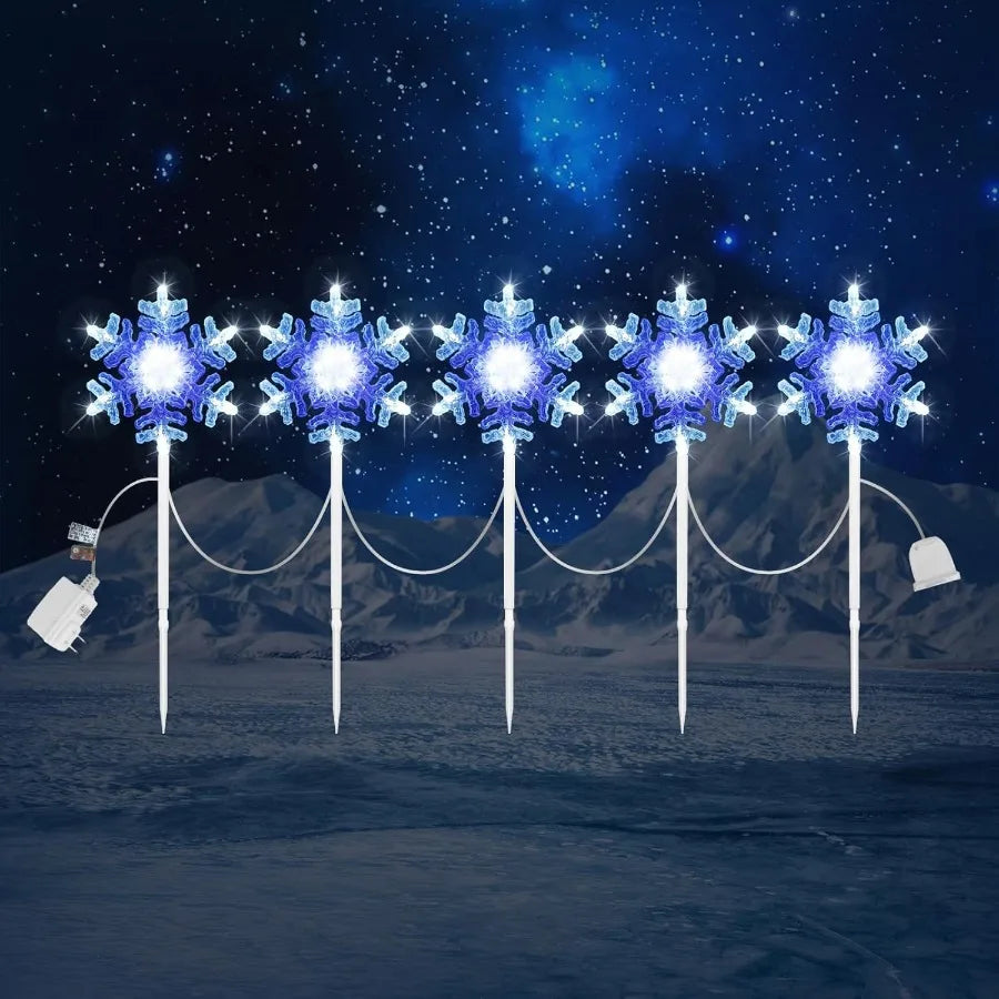 Outdoor 3D Crystal Snowflake Lights in Cool White and Blue 9 ft Set of 5 Connectable Yard Stake Christmas Decorations for Pathw