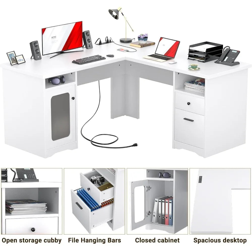 L Shaped Computer Desk with Drawer, 60 Inch Office Desk with Power Outlets and USB Ports, Large L Shape Corner Desks