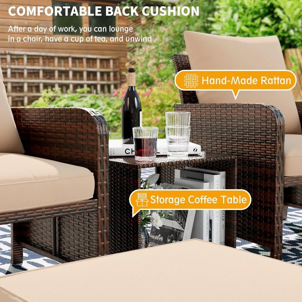 Balcony Furniture Outdoor Patio Chair with Ottoman for Small Space, 5 Piece Wicker Patio Furniture Set with Side Table, Khaki