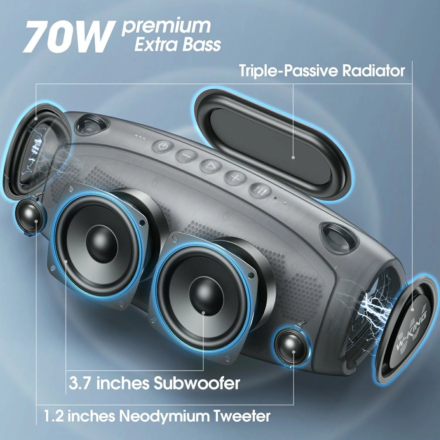 W-KING 70W Waterproof Portable Loud Bluetooth Speaker, Wireless Outdoor Boombox SubwooferTriple Passive Radiators-Deep Bass