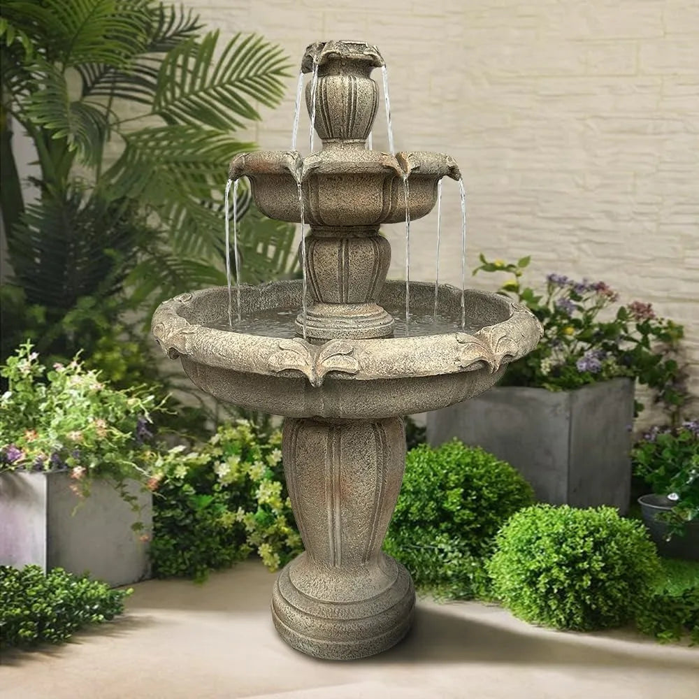48”Tall Zen Modern Outdoor Fountain with Pump for Garden, Patio, Backyard,Deck,Lawn, Porch, 3-Tiered Pagoda Garden Fountain Out