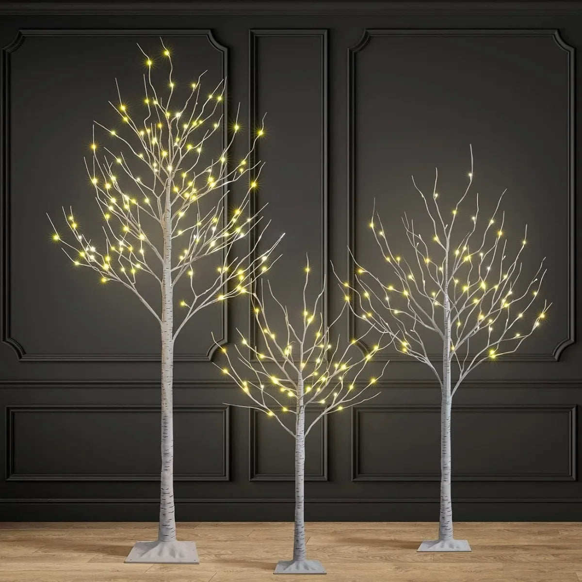 3-Piece Lighted Birch Tree Set (4/6/8FT) with Warm White LEDs for Year-Round Indoor Outdoor Decor: Patio, Wedding, Christmas.
