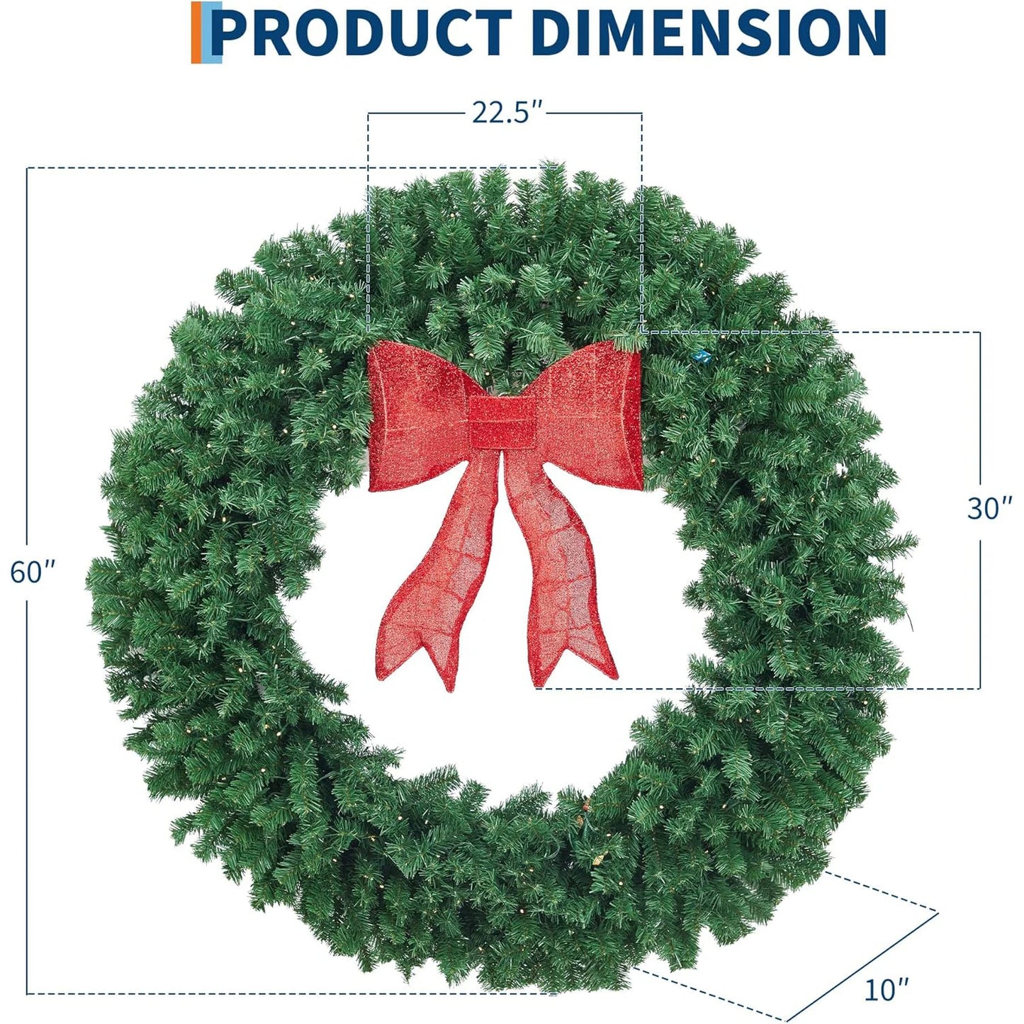 Artificial Christmas Wreath with Bow, Pre-Lit Winter Wreath with LED Light, Indoor Outdoor Holiday Xmas Decorations