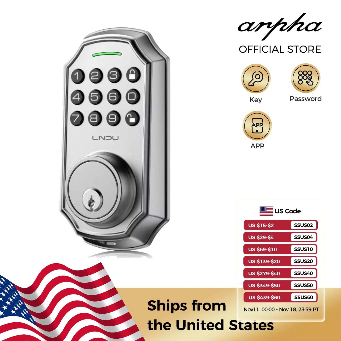 LNDU Smart Lock D180 100 Entry Codes Electronic Keypad Deadbolt Anti-Peeping Password One Touch Auto-Locking Security Door Lock