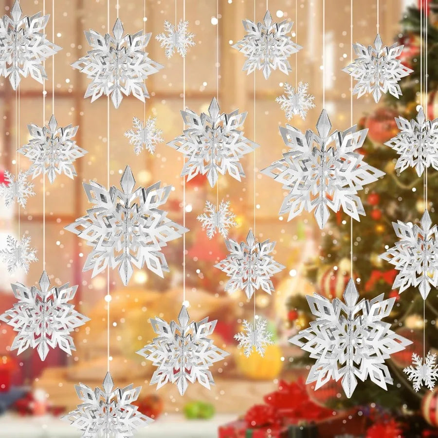24PCS Snowflake Christmas Decorations 3D Large Silver Paper Snowflakes Garland Hanging Snow Flakes for Winter Wonderland Christ