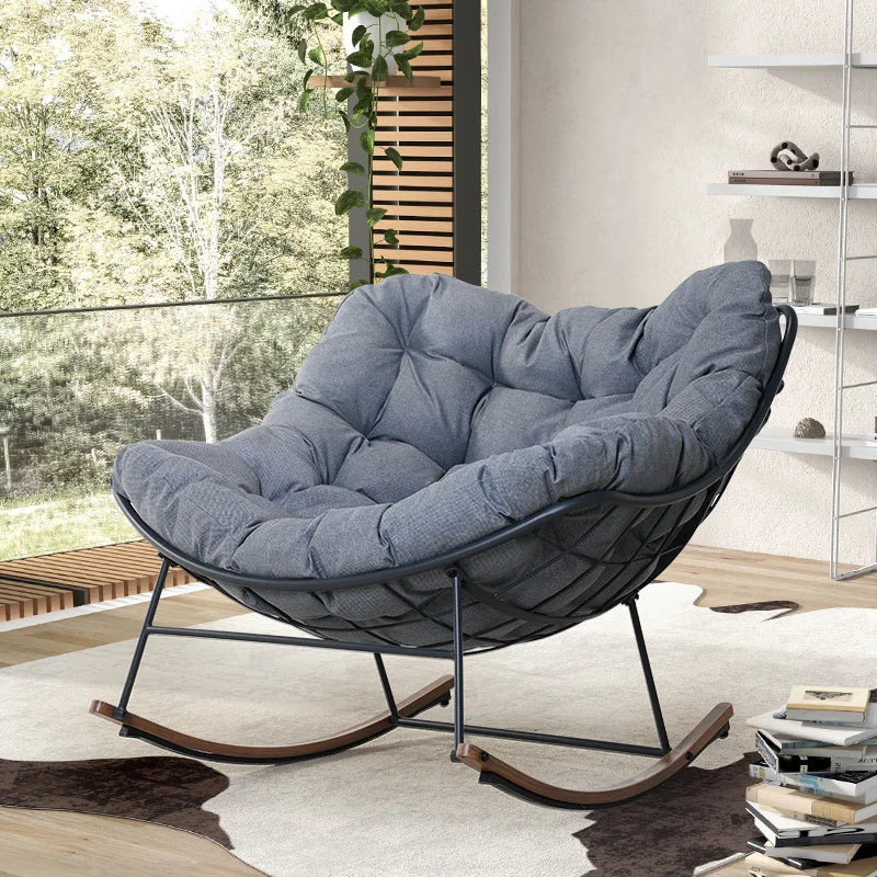 Outdoor Rocking Chair , E-Coated Papasan Rocking Chair with Cushion, Oversized Recliner Rocker for Patio Porch Garden