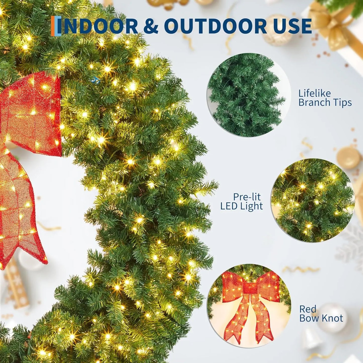 Artificial Christmas Wreath with Bow, Pre-Lit Winter Wreath with LED Light, Indoor Outdoor Holiday Xmas Decorations