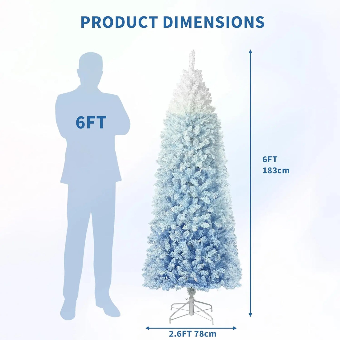 6FT/7.5FT Snow Flocked Pencil Christmas Tree Slim Artificial Christmas Tree Skinny Xmas Tree Holiday Decoration Blue Gradient