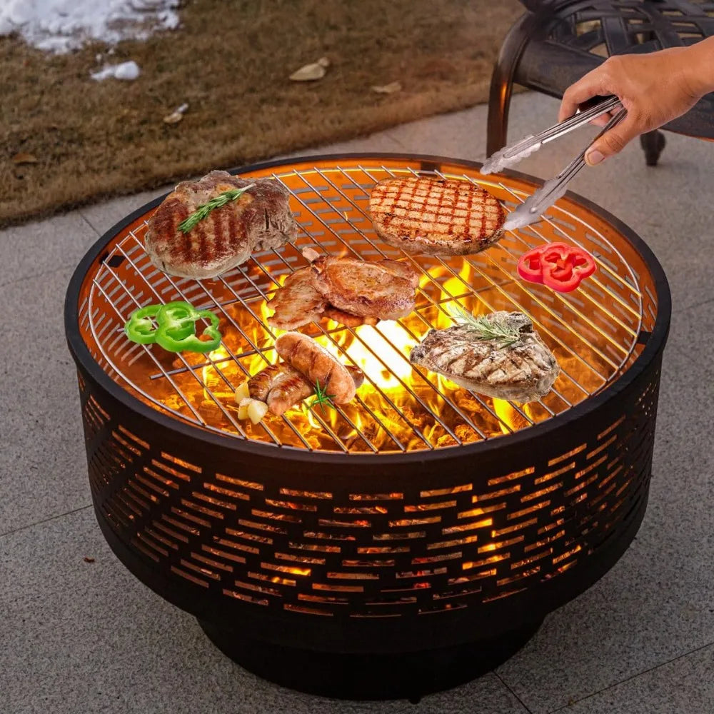 26" Wood Burning Fire Pits with Grill & Lid, Fire Pit Table for Outside with Waterproof Cover & Fire Poker, Outdoor Firepit with