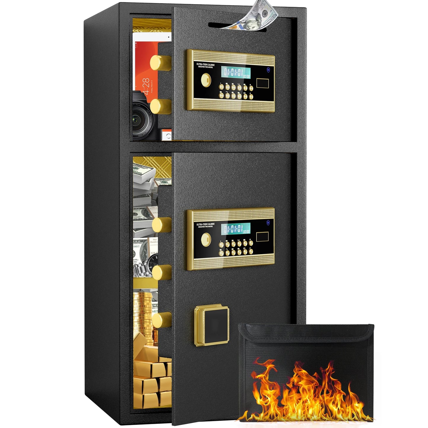 Kavey 6.5 Cub Fireproof Safe Box LCD Screen and Hidden Password Function, Large Safe with Deposit Slot and Dual Alarm System