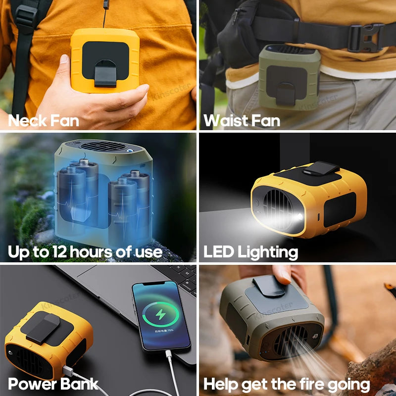 8000mAh Outdoor Waist Fan Portable Multifunctional Camping Fan Bladeless Hanging Neck Fan with Power Bank LED Lighting