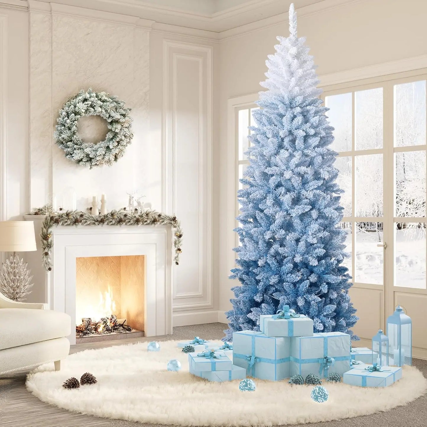 6FT/7.5FT Snow Flocked Pencil Christmas Tree Slim Artificial Christmas Tree Skinny Xmas Tree Holiday Decoration Blue Gradient
