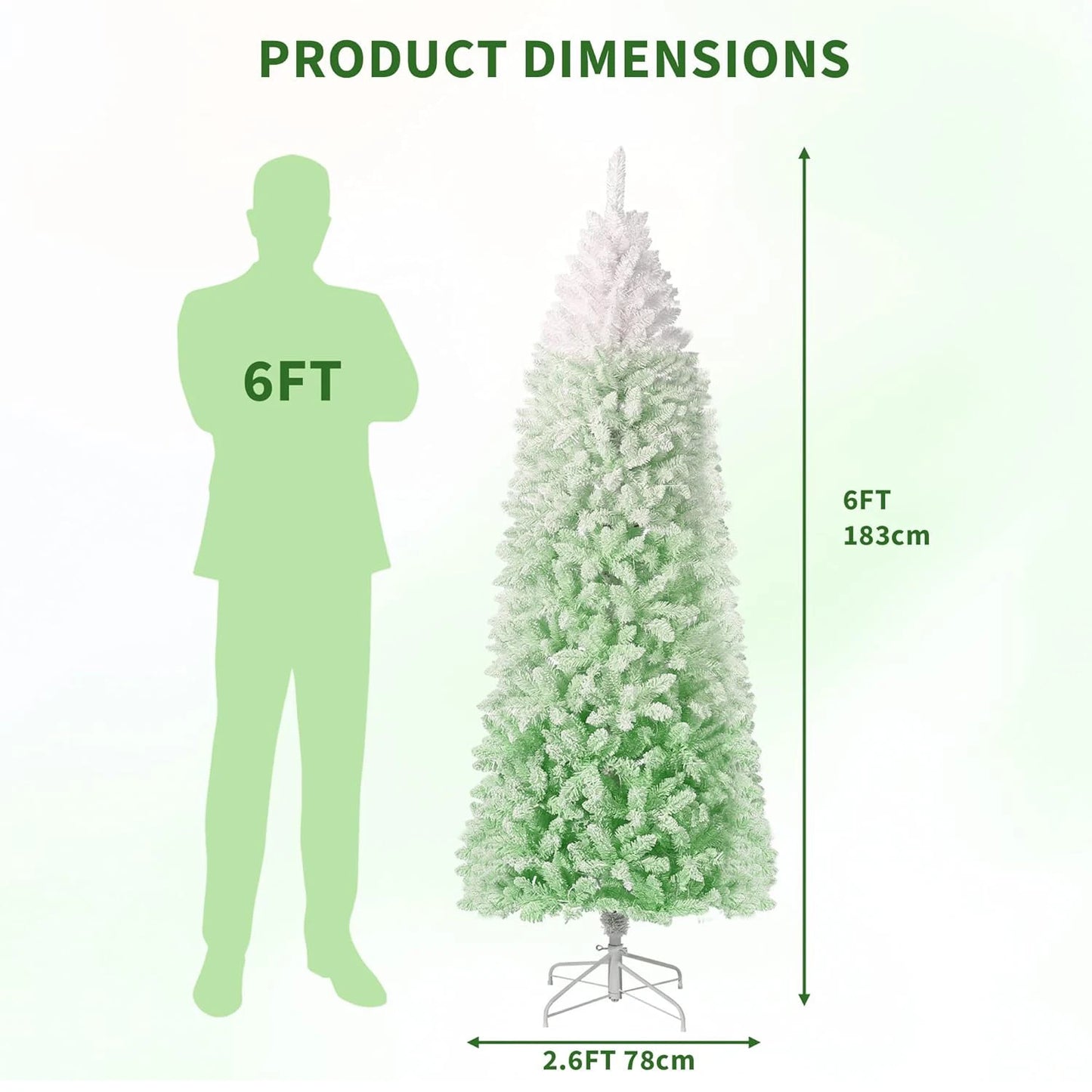 6FT/7.5FT Pencil Christmas Tree Prelit Snow Flocked Holiday Decoration Artificial Xmas Tree With Dual Color LED Lights