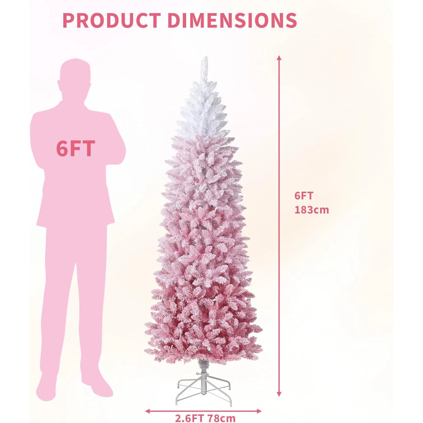 4.5Ft/6Ft/7.5Ft/9Ft Pencil Christmas Tree Artificial Slim Xmas Trees Skinny Christmas Tree Decorations Fake Flockeds White Pink
