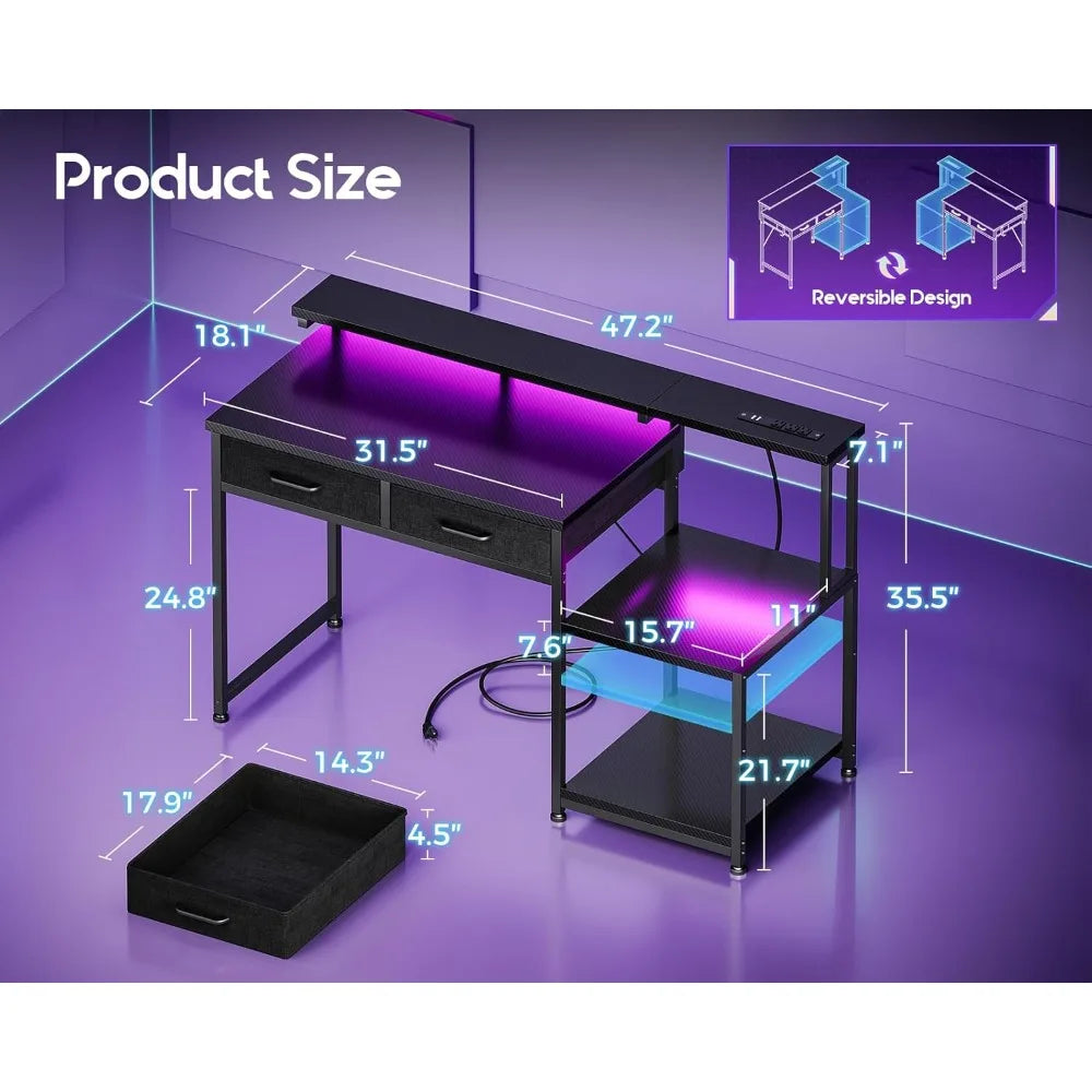 Gaming Desk with Led Lights & Power Outlet, 48 Inch Computer Desk with Drawers, Office Desk with Large Display Storage Shelves