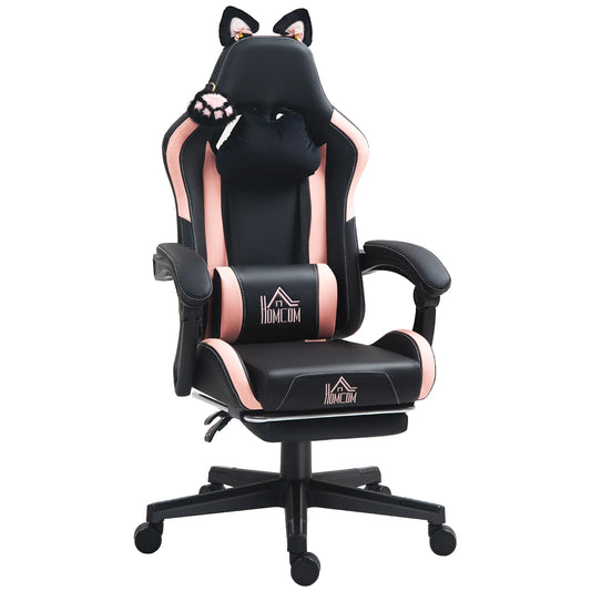 Cute Racing Gamer Chair, Faux Leather Gaming Chair with Footrest, Headrest and Lumbar Support, Black