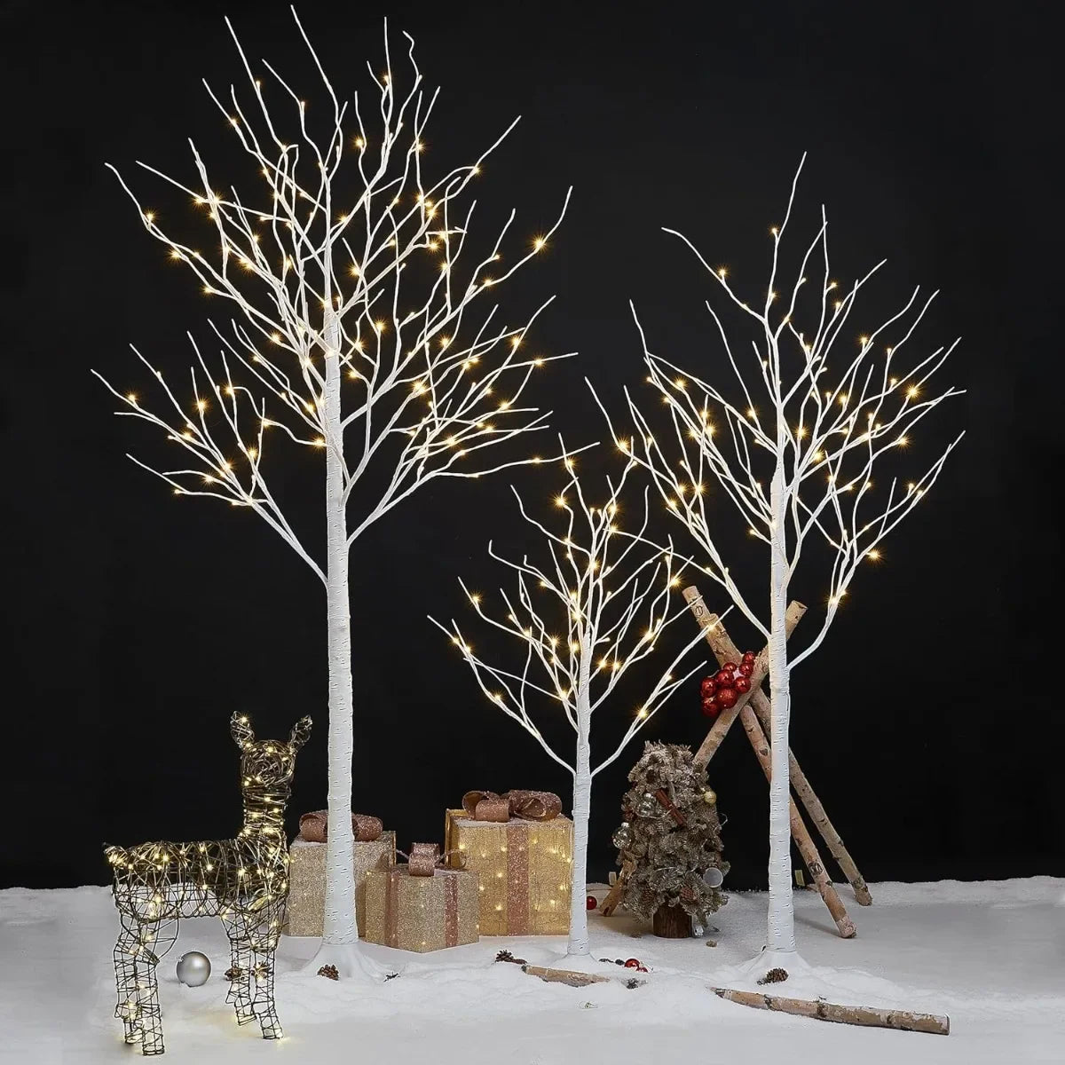 3-Piece Lighted Birch Tree Set (4/6/8FT) with Warm White LEDs for Year-Round Indoor Outdoor Decor: Patio, Wedding, Christmas.