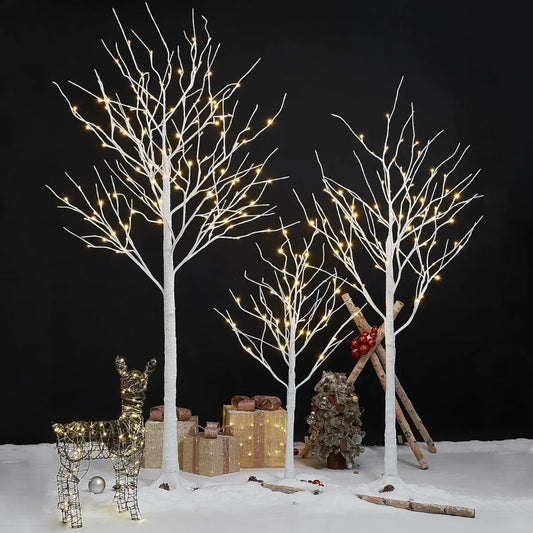 3-Piece Lighted Birch Tree Set (4/6/8FT) with Warm White LEDs for Year-Round Indoor Outdoor Decor: Patio, Wedding, Christmas.