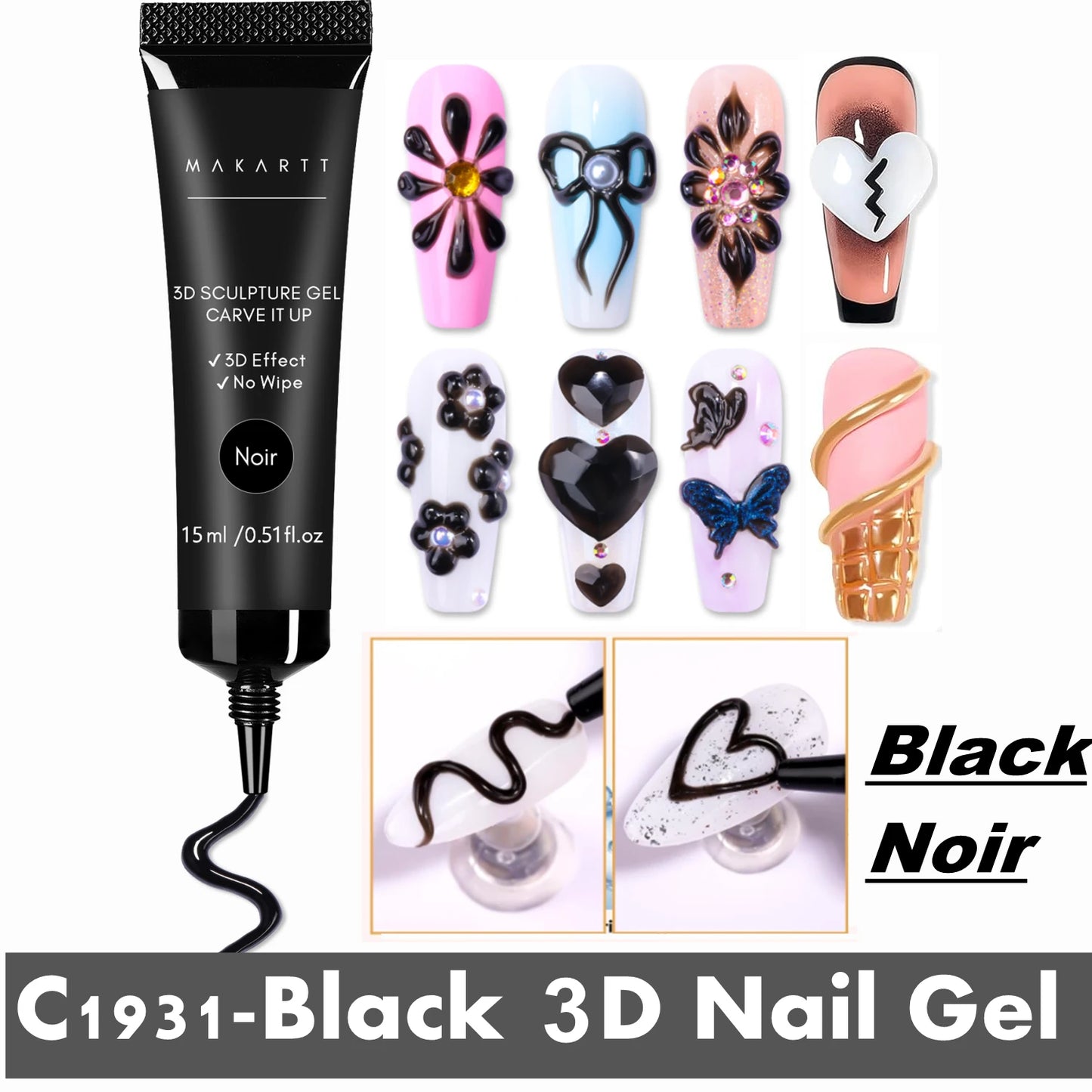 Makartt 3D Gel - Nail Sculpting Gel Nail Glue 15g No Wipe Clear Black Gel Polish for Nail Designs DIY Nail Art Drawing, Molding