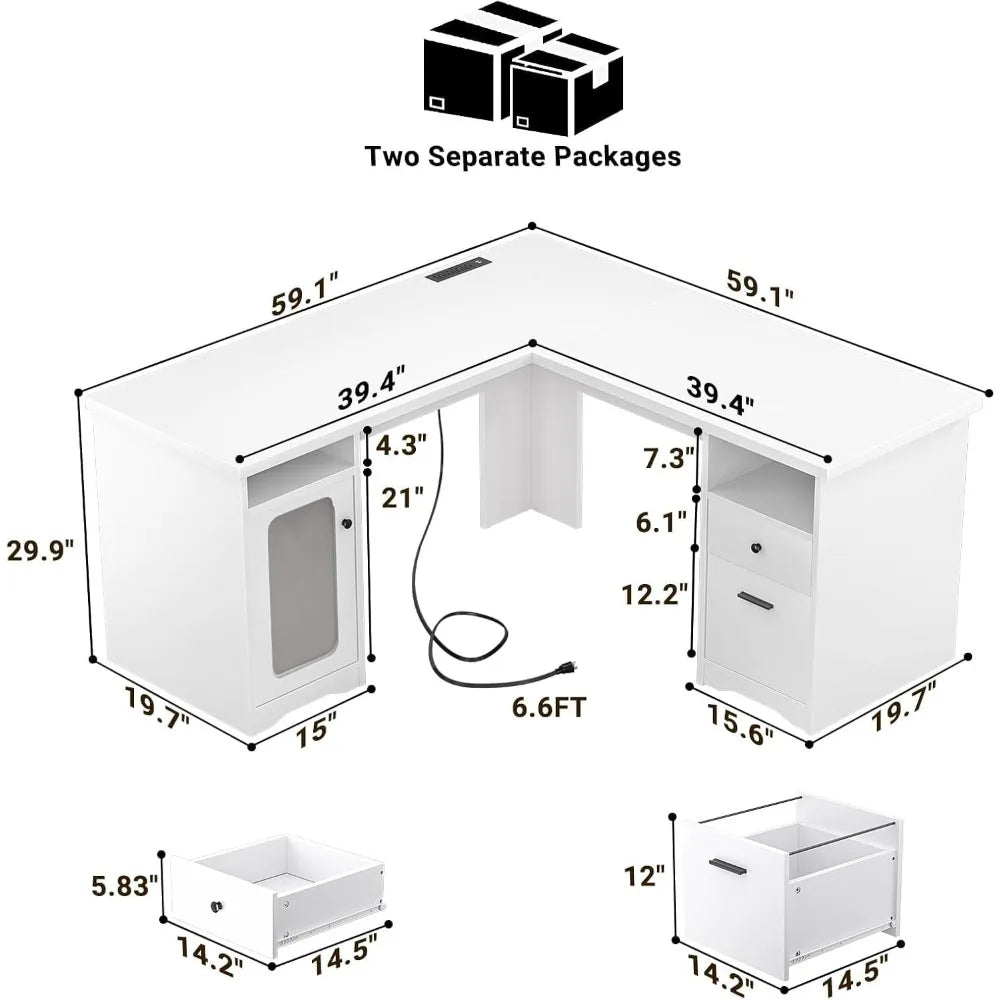 L Shaped Computer Desk with Drawer, 60 Inch Office Desk with Power Outlets and USB Ports, Large L Shape Corner Desks