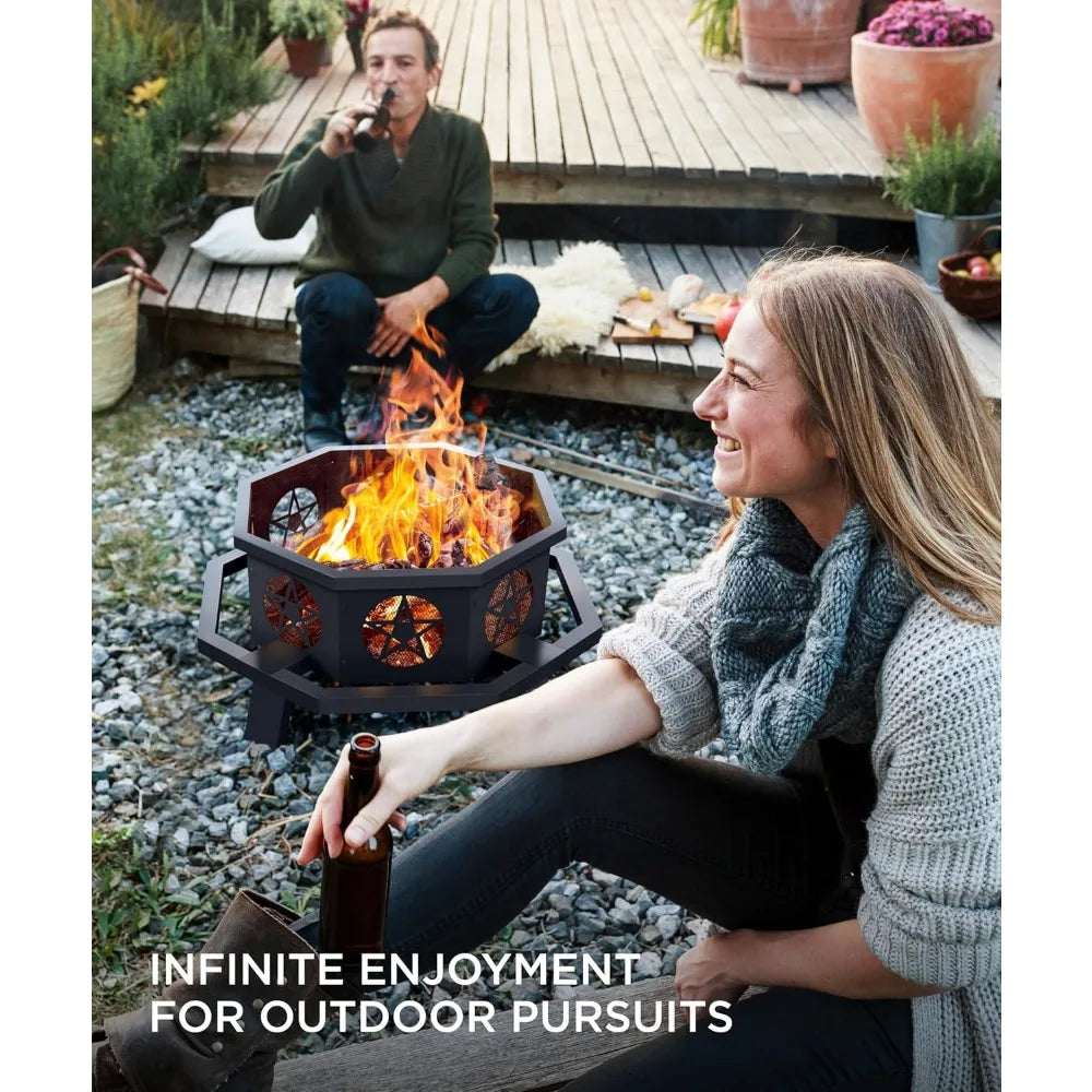 35 inch Fire Pit, Outdoor Fire Pit Wood Burning Fire Pits with Cooking Grill, Large Firepits for Outside Octagonal Heavy Duty Fi