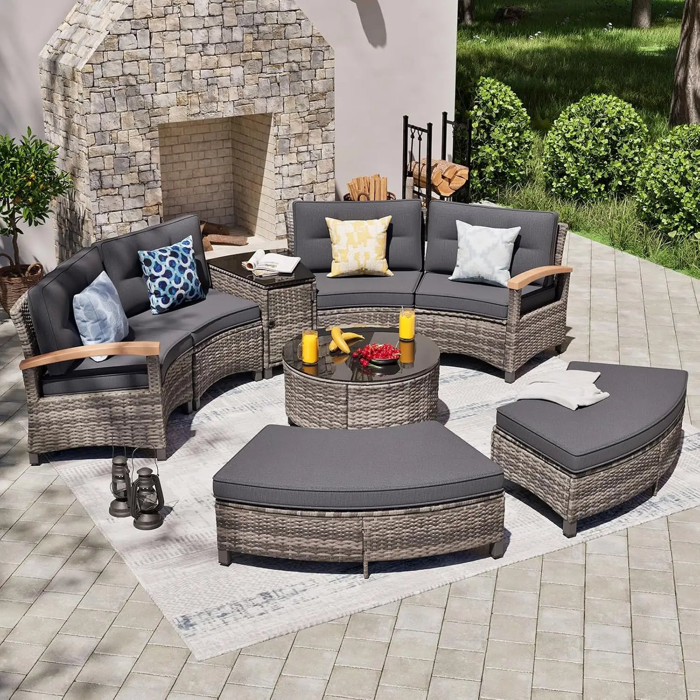 Multi-piece Outdoor Patio Furniture Sets, Half Moon Curving Part of The Sofa Rattan Patio Conversation Sets