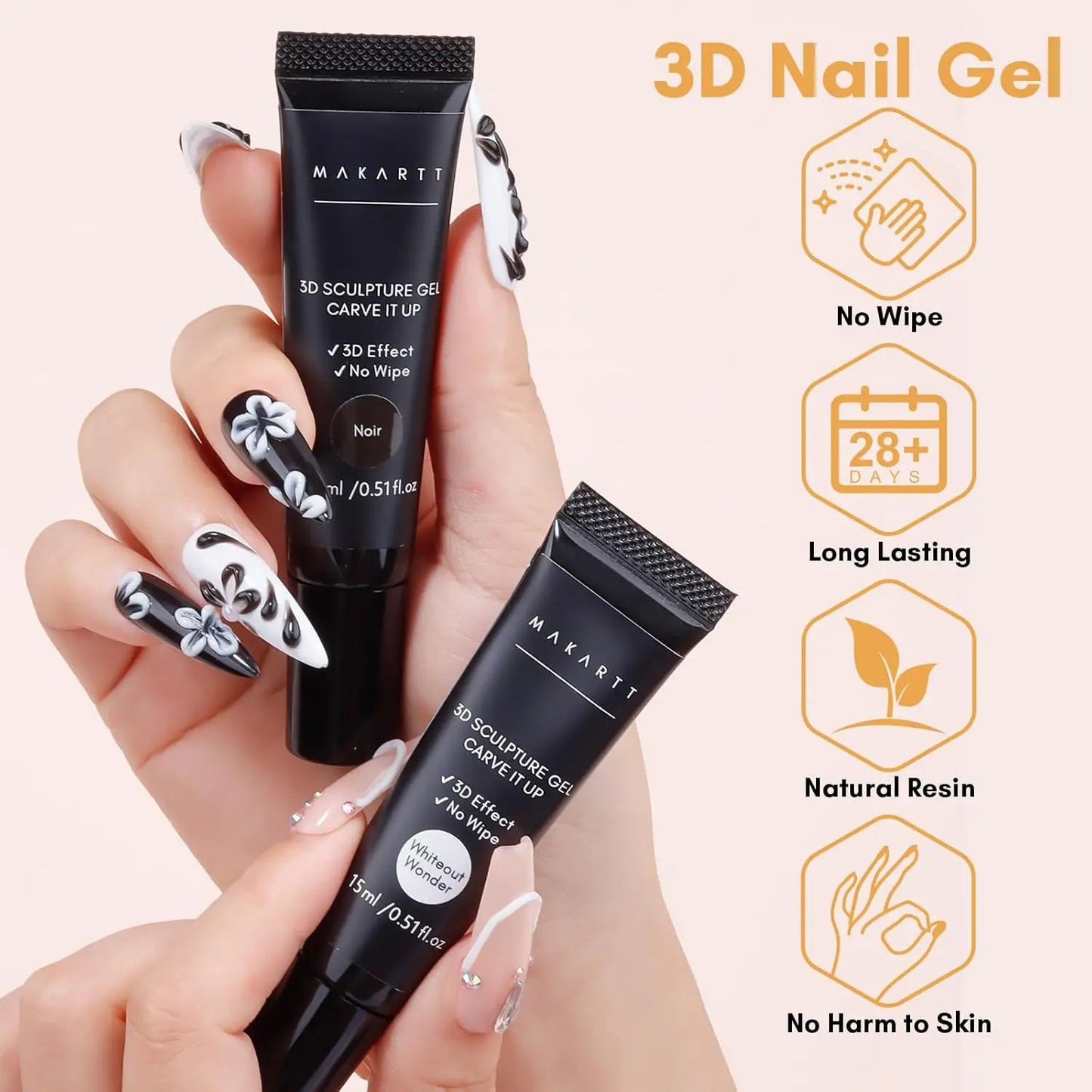 Makartt 3D Gel - Nail Sculpting Gel Nail Glue 15g No Wipe Clear Black Gel Polish for Nail Designs DIY Nail Art Drawing, Molding