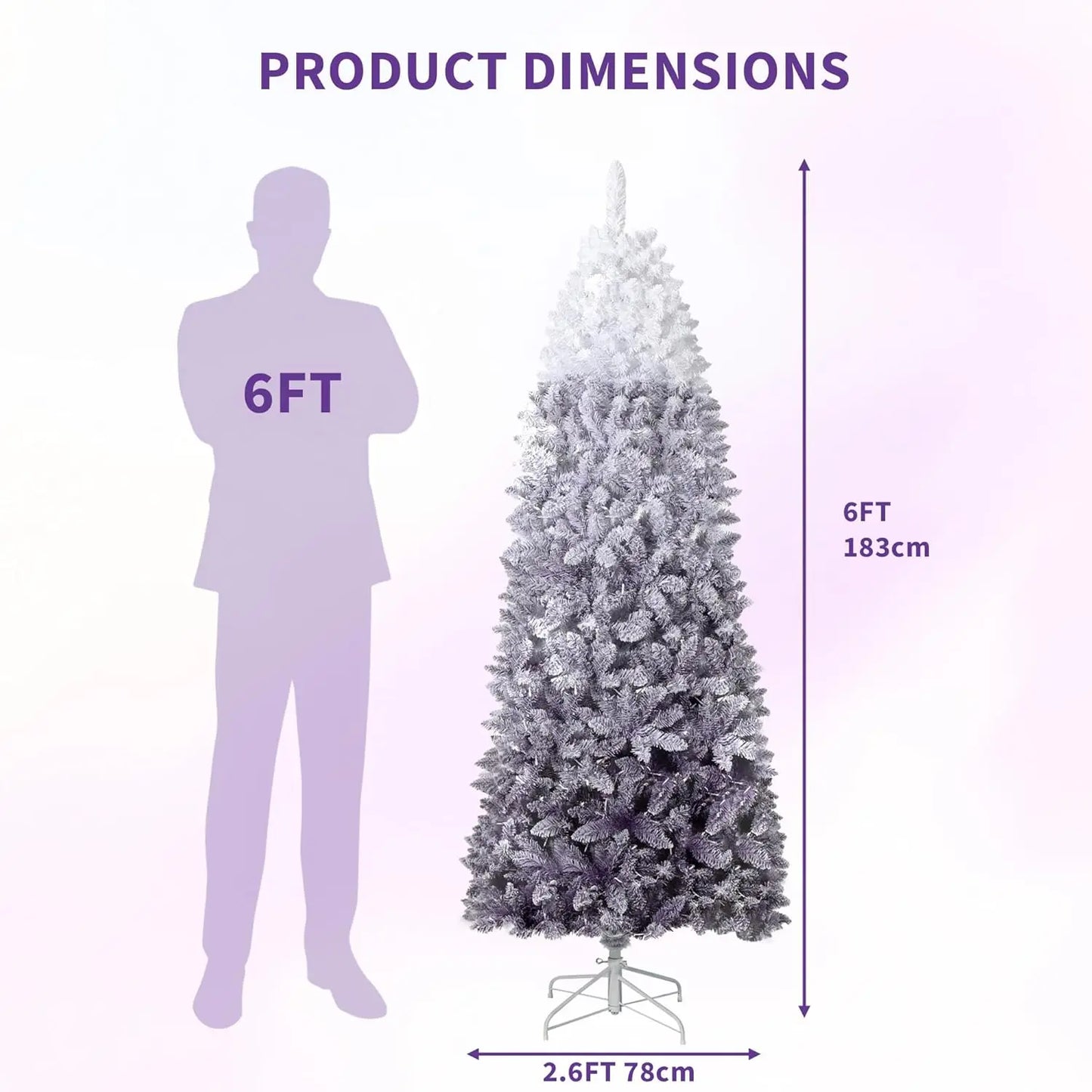 6ft/7.5ft Snow Flocked Pencil Christmas Tree Slim Artificial Christmas Tree Skinny Xmas Tree Holiday Decoration Purple Gradient