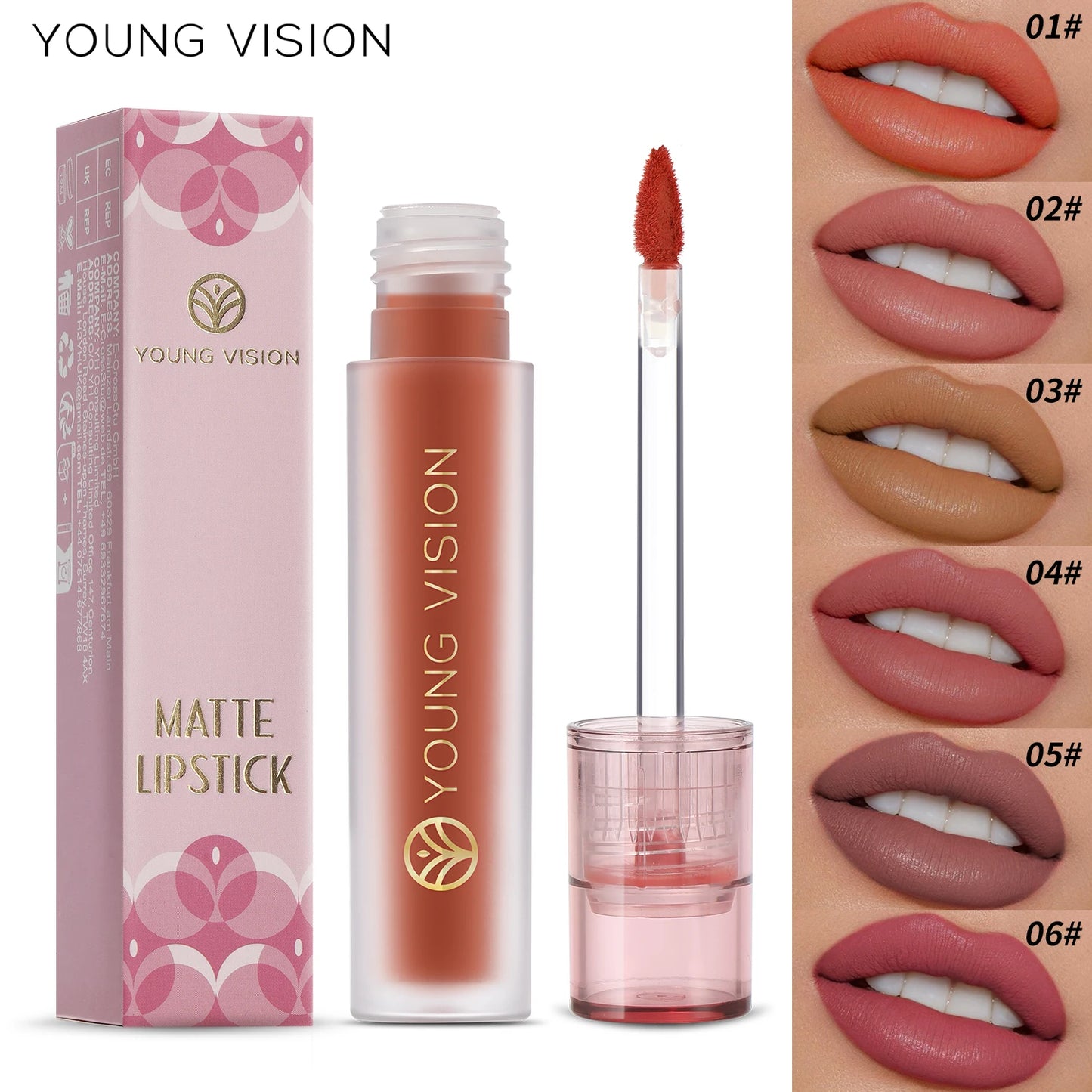 YOUNG VISION's 6-color Matte Velvet Lip Paste is a non-sticky, long-lasting liquid lipstick that is comfortable to wear.