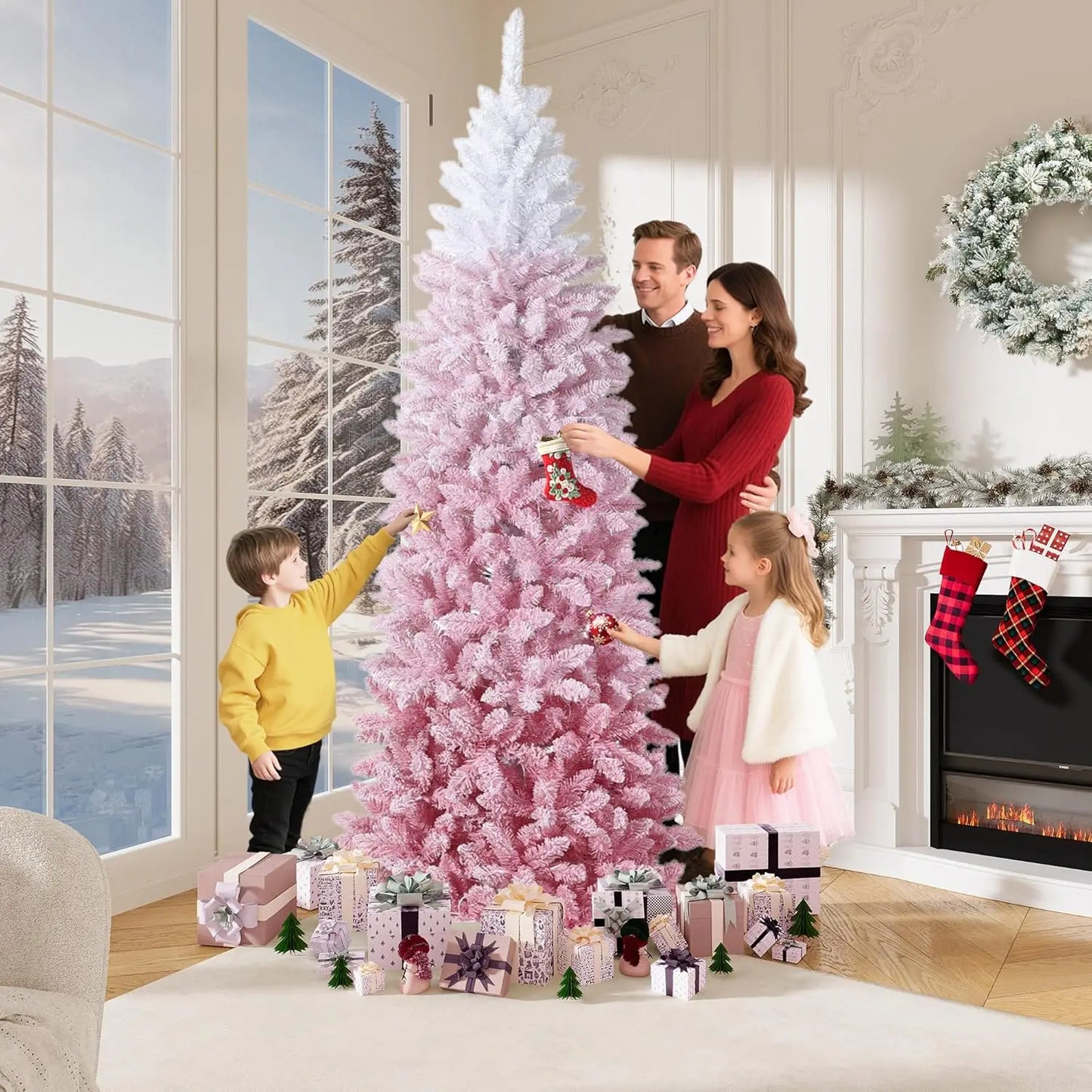 4.5Ft/6Ft/7.5Ft/9Ft Pencil Christmas Tree Artificial Slim Xmas Trees Skinny Christmas Tree Decorations Fake Flockeds White Pink