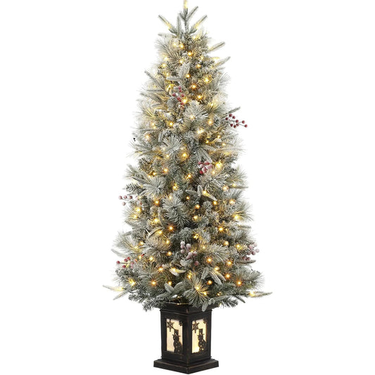 4.5ft Pre-Lit Flocked Artificial Christmas Tree Xmas Tree With 386 Branch Tips & 200 Lights  For Home Party Decor Room Ornaments