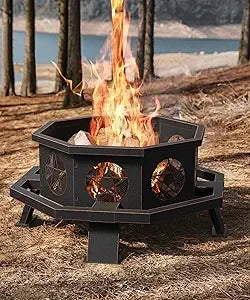 35 inch Fire Pit, Outdoor Fire Pit Wood Burning Fire Pits with Cooking Grill, Large Firepits for Outside Octagonal Heavy Duty Fi