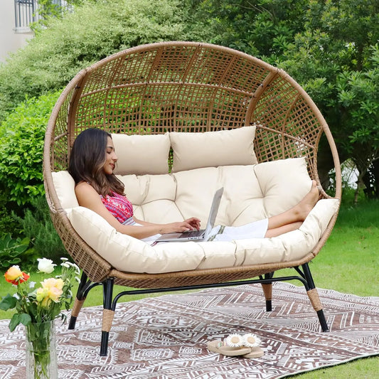 Double Egg Chair Indoor Outdoor Stationary Oversized Thicken Padded Cushions,2 Person Egg Loveseat Chair