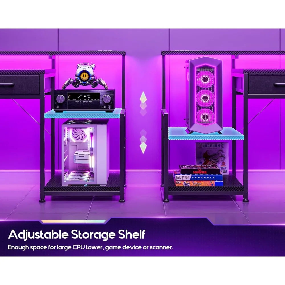 Gaming Desk with Led Lights & Power Outlet, 48 Inch Computer Desk with Drawers, Office Desk with Large Display Storage Shelves