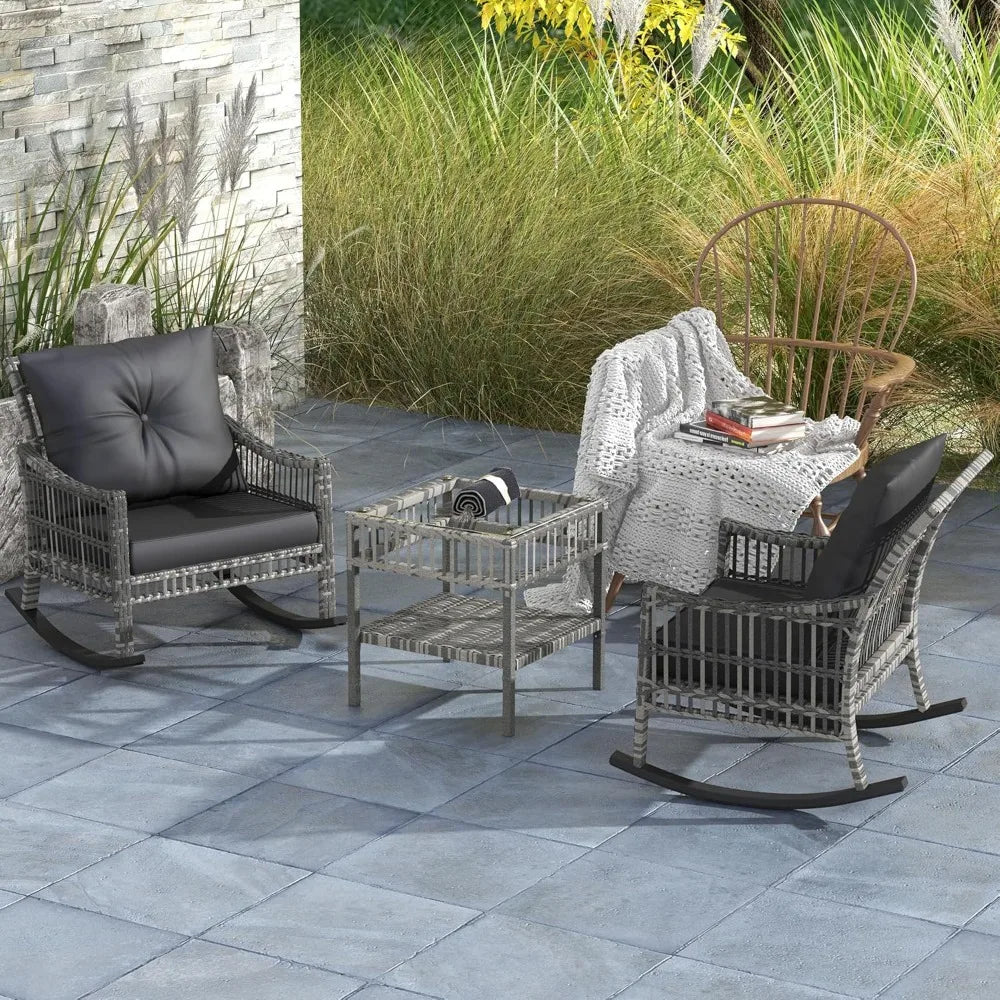 Wicker Outdoor Rocking Chair Set, 3 Piece Patio Furniture Set with Padded Cushions and Storage Coffee Table, 2-Seater PE Rattan
