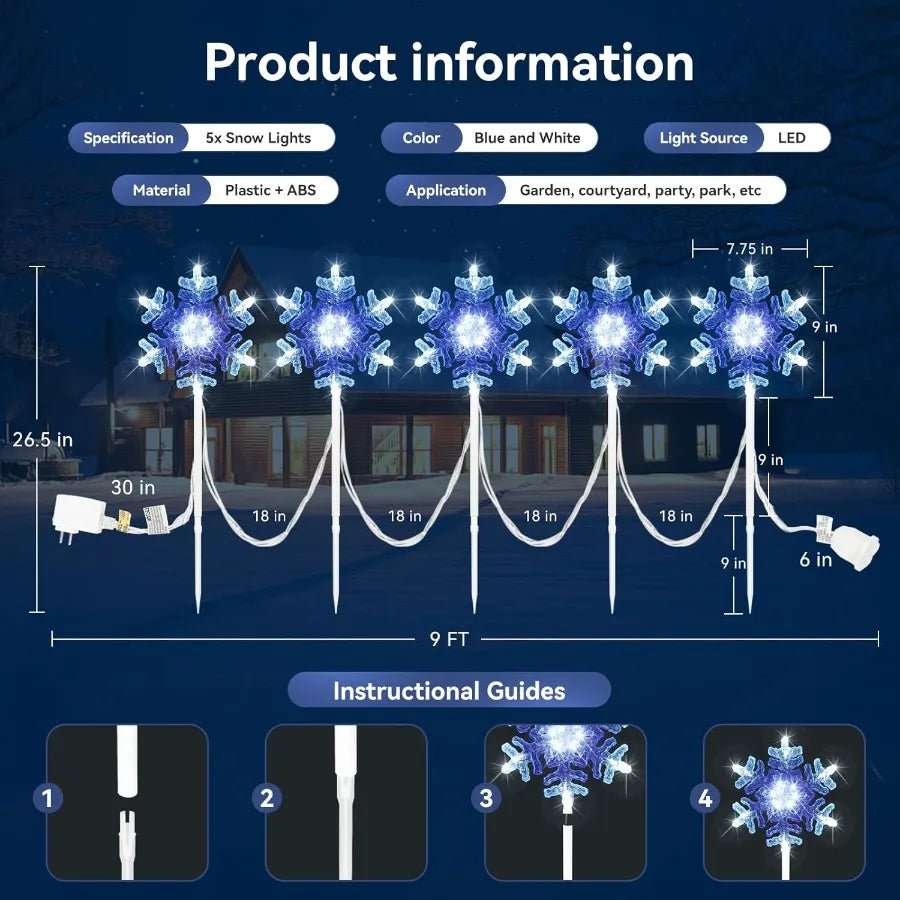 Outdoor 3D Crystal Snowflake Lights in Cool White and Blue 9 ft Set of 5 Connectable Yard Stake Christmas Decorations for Pathw