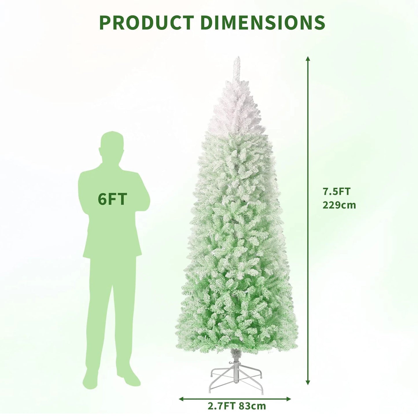 6FT/7.5FT Pencil Christmas Tree Prelit Snow Flocked Holiday Decoration Artificial Xmas Tree With Dual Color LED Lights