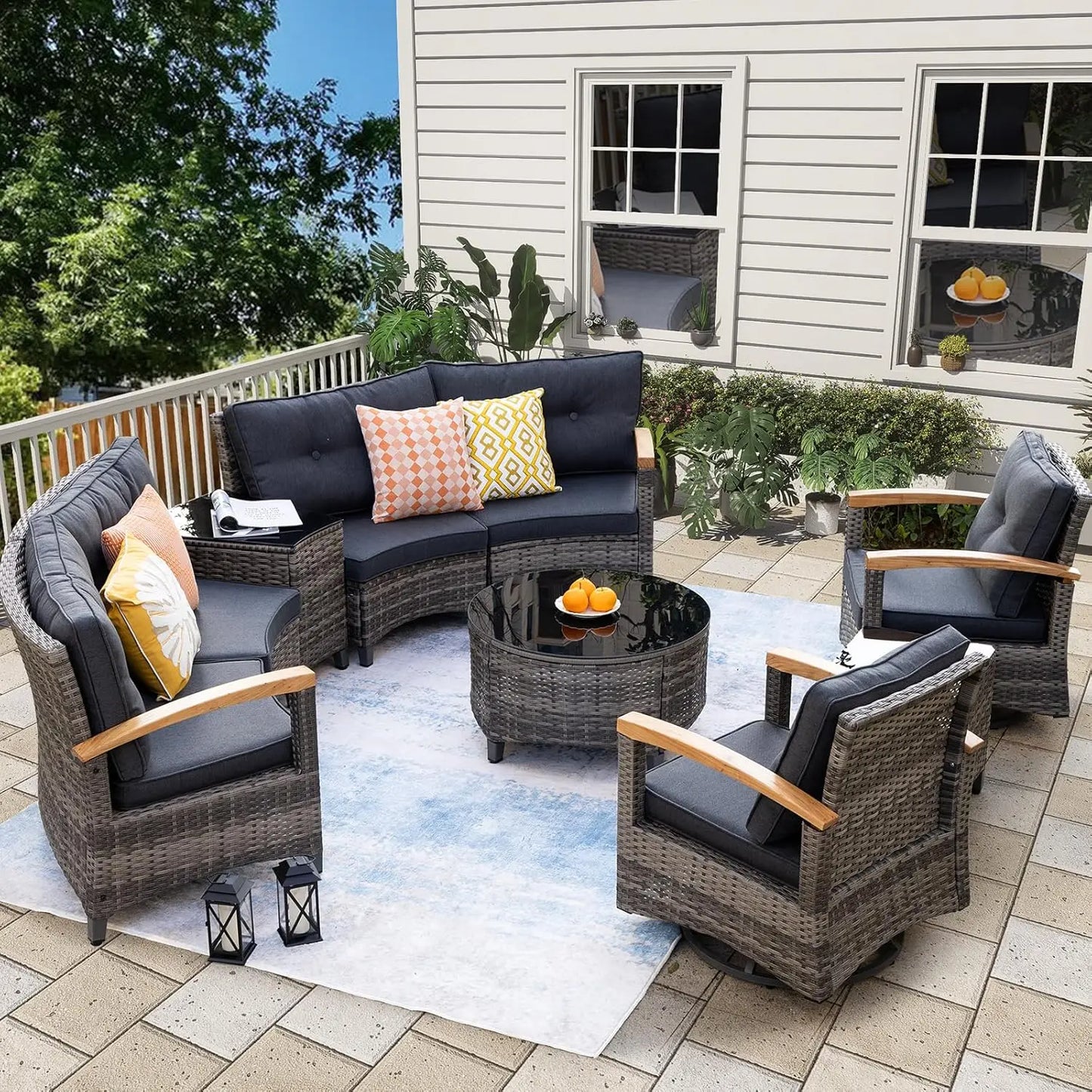 Multi-piece Outdoor Patio Furniture Sets, Half Moon Curving Part of The Sofa Rattan Patio Conversation Sets