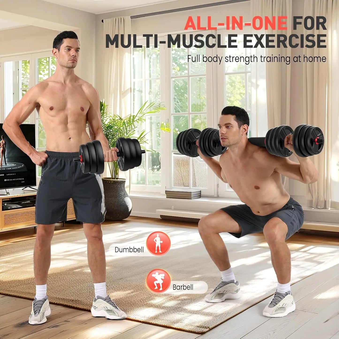 Adjustable Dumbbells, 30/40/55/60/70/80/90lbs Free Weights Dumbbells Convertible 2 or 3 in 1 Set Used as Barbell, Kettlebells