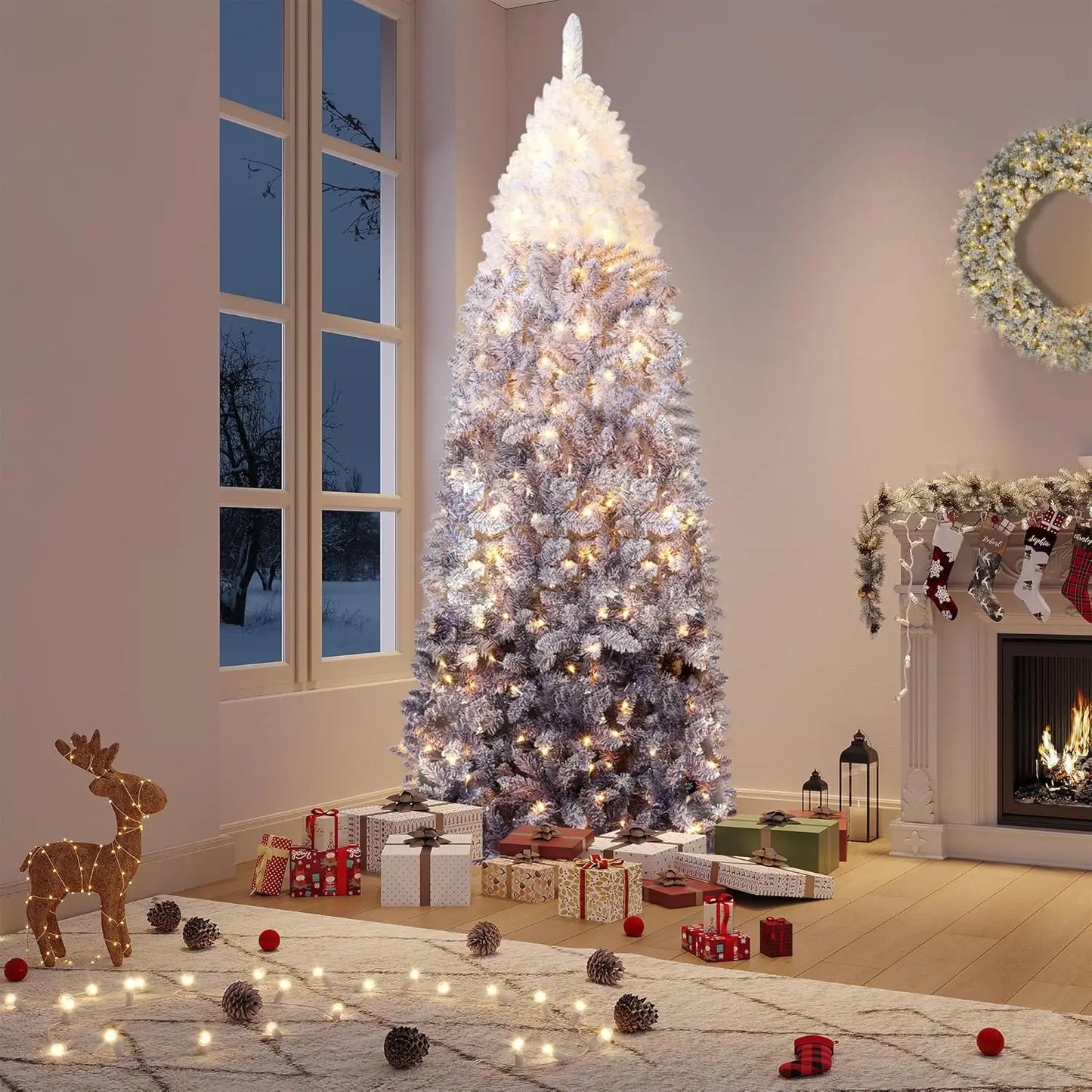 6ft/7.5ft Snow Flocked Pencil Christmas Tree Slim Artificial Christmas Tree Skinny Xmas Tree Holiday Decoration Purple Gradient