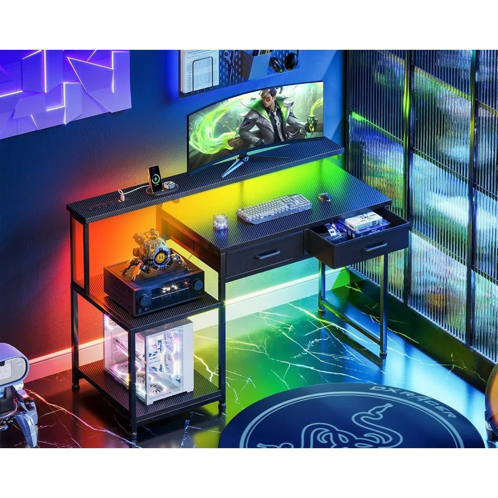 Gaming Desk with Led Lights & Power Outlet, 48 Inch Computer Desk with Drawers, Office Desk with Large Display Storage Shelves