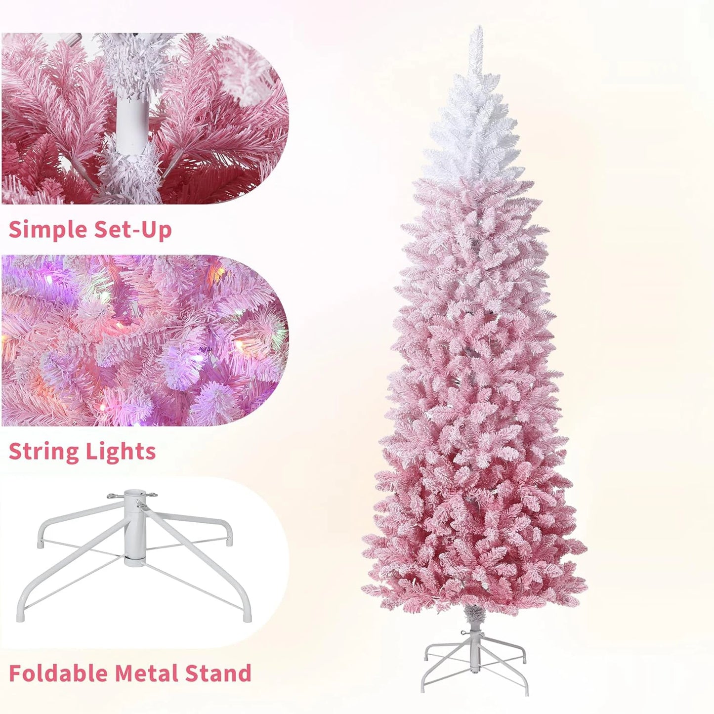 4.5Ft/6Ft/7.5Ft/9Ft Pencil Christmas Tree Artificial Slim Xmas Trees Skinny Christmas Tree Decorations Fake Flockeds White Pink