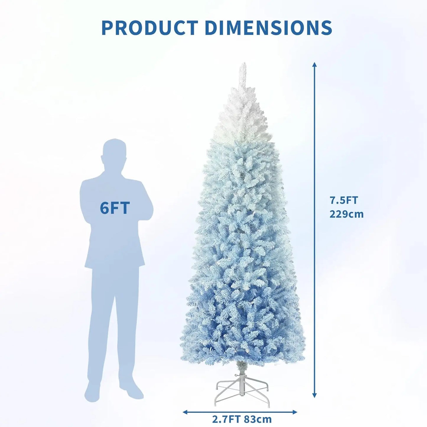 6FT/7.5FT Snow Flocked Pencil Christmas Tree Slim Artificial Christmas Tree Skinny Xmas Tree Holiday Decoration Blue Gradient