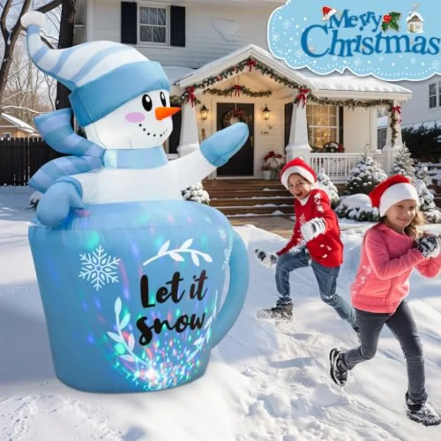 5FT Christmas Inflatable Snowman in Mug Adorable Blue Snowman Blow Up Awaiting the Snow Outdoor Winter Decorations with Builtin