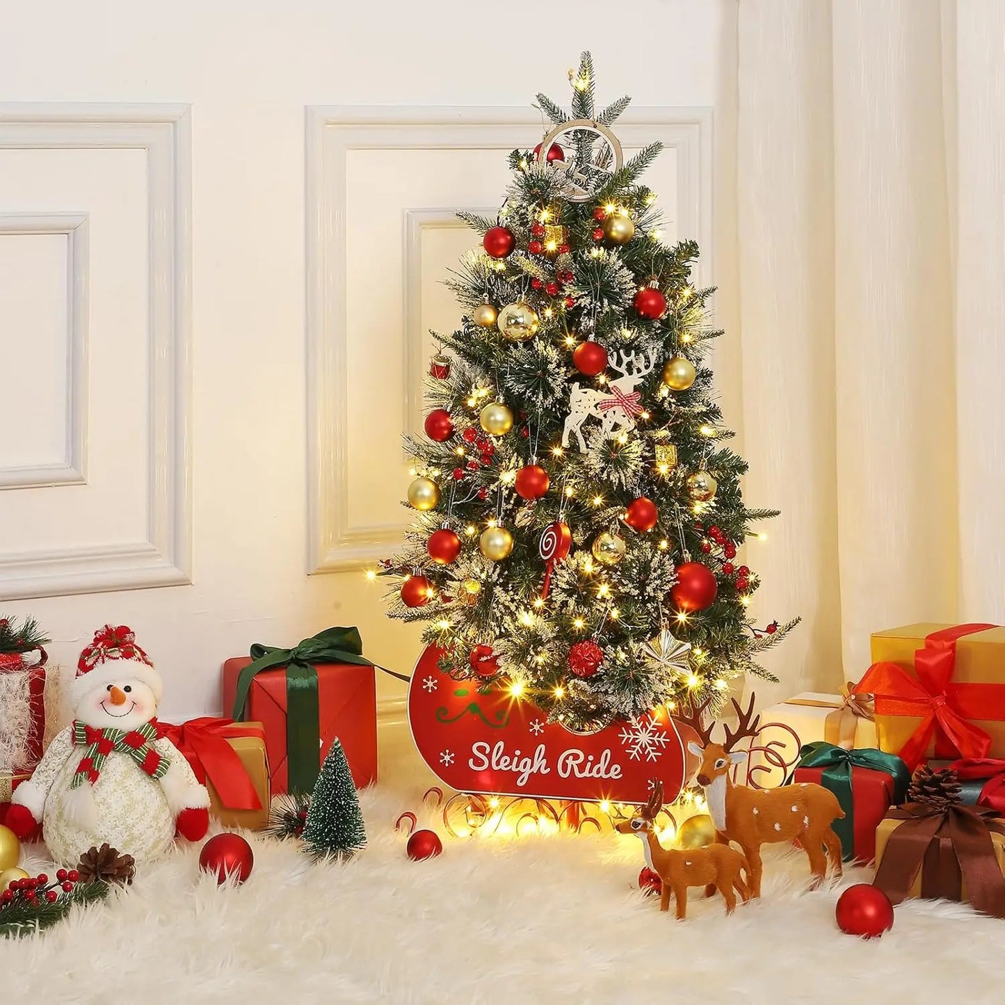 3FT Christmas Tree With 78 Lights Pre-Lit Artificial Desktop Xmas Tree With 8 Mode Includes Red Berries & Sleigh Base