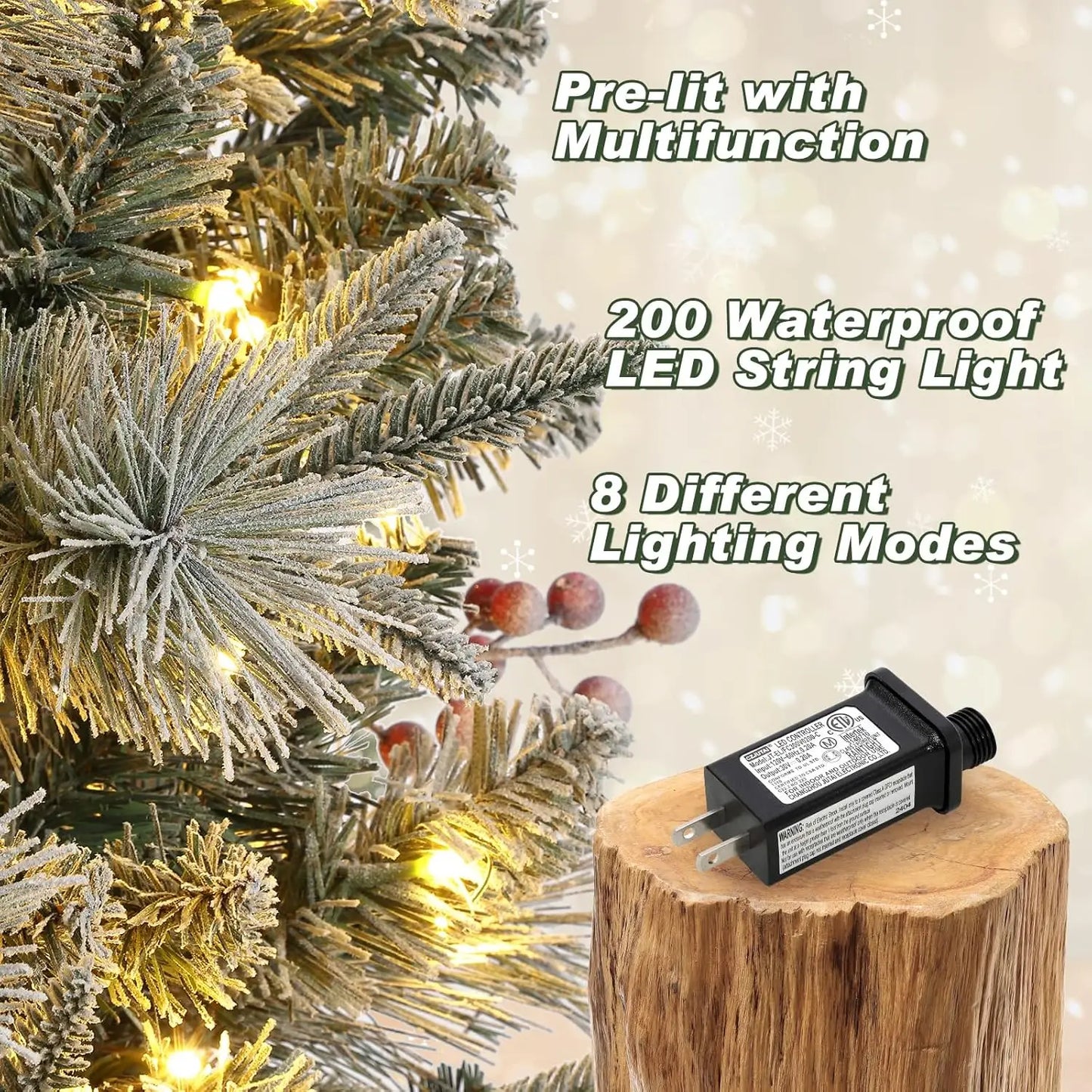 4.5ft Pre-Lit Flocked Artificial Christmas Tree Xmas Tree With 386 Branch Tips & 200 Lights  For Home Party Decor Room Ornaments